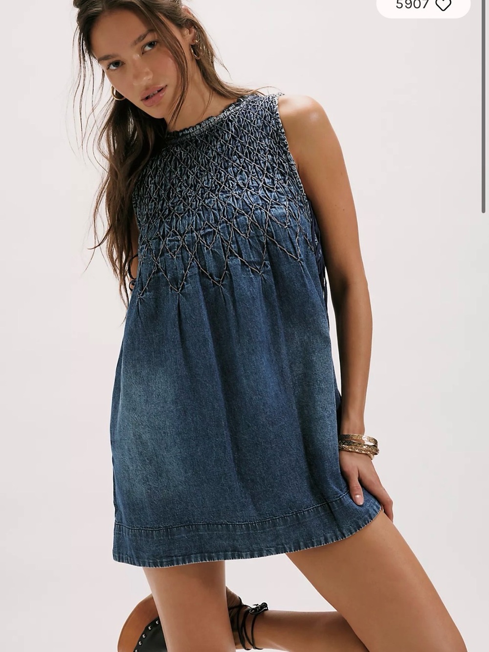 Free People Maisie Smocked Denim Mini Dress L